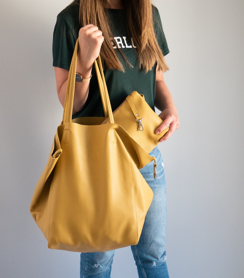 Large Yellow OVERSIZE Tote Bag Yellow Leather SHOPPER Bag Etsy