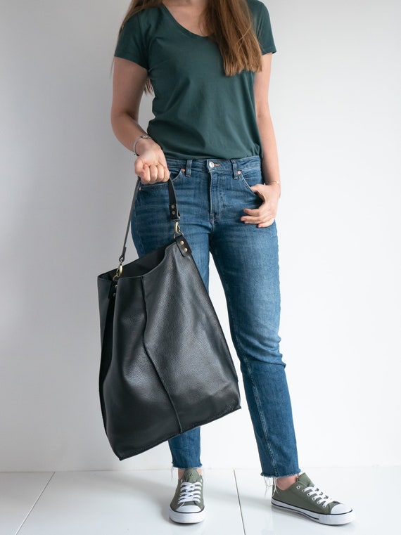 Oversized BLACK Leather HOBO Bag, Large Shopper Bag - BIG Black Bag - Large Purse - Black Leather Handbag - Everyday bag for women