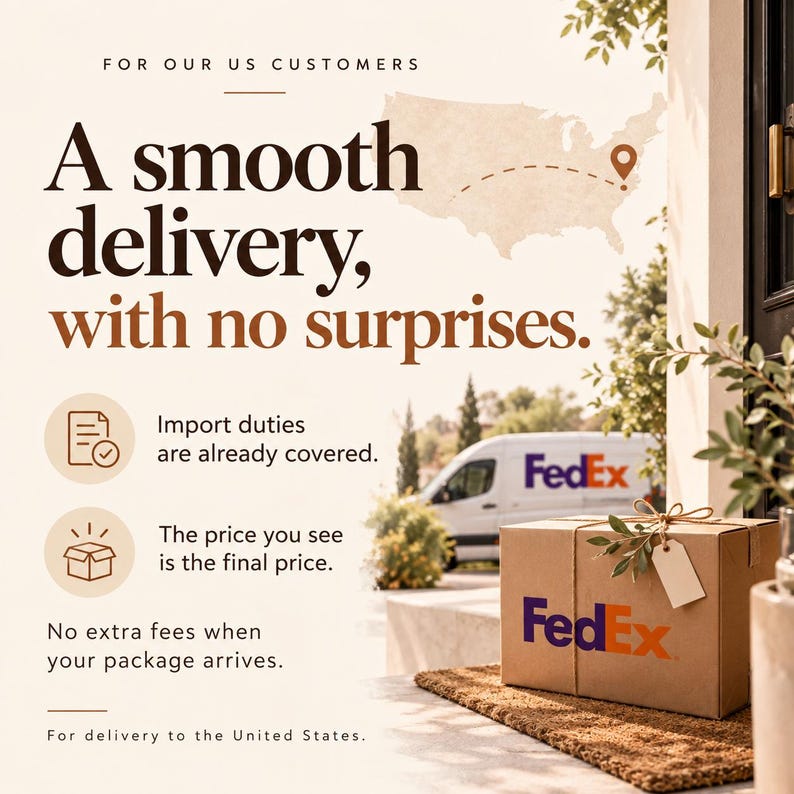 May include: A cardboard shipping box with the FedEx logo sits on a brown doormat. Text reads: FOR OUR US CUSTOMERS, A smooth delivery, with no surprises, Import duties are already covered, The price you see is the final price, No extra fees when your package arrives, For delivery to the United States.
