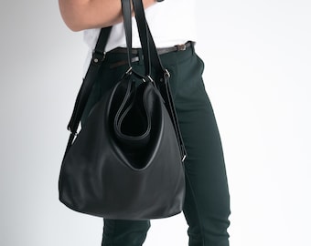 CONVERTIBLE Backpack Black Shoulder Bag Natural Leather BACKPACK Handbag Leather Hobo BLACK Crossbody Leather Purse Laptop Bag