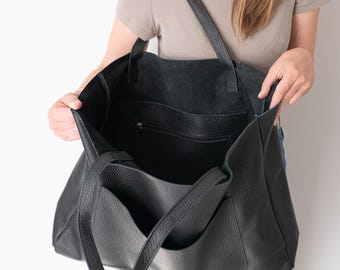 Large BLACK Leather TOTE Bag, OVERSIZE Shopping Bag, Large Leather Purse, Shoulder Bag, Big Leather Bag, Everyday Large Tote, Black Tote Bag