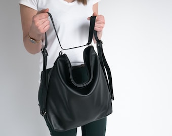 CONVERTIBLE Backpack, Black Shoulder Bag, Natural Leather BACKPACK Handbag, Leather Hobo, BLACK Crossbody Leather Purse, Laptop Bag