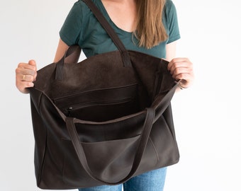 Bolso tote extragrande de piel marrón oscuro, bolso de compras, bolso de piel color chocolate, bolso de hombro grande, bolso de piel, bolso tote para uso diario, bolso tote grande