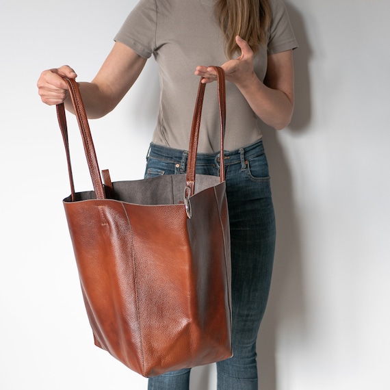Large BROWN OVERSIZE Tote Bag - Cognac Leather SHOPPER Bag
