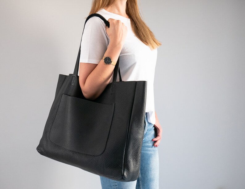 BLACK OVERSIZE Leather TOTE Bag Shopping Bag Leather Purse Etsy