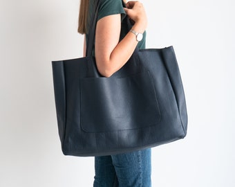 Women's Navy Zipper Large Leather Tote Bags for Travel