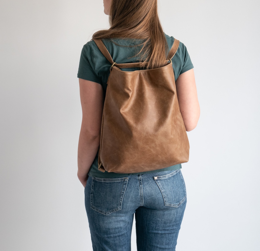 CONVERTIBLE Backpack, Shiny Brown Shoulder Bag, Distressed Leather