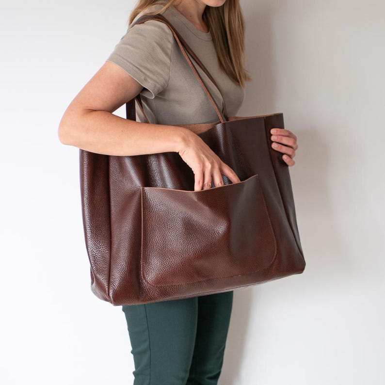 Borsa tote oversize in pelle marrone, borsa per la spesa, borsetta in pelle, borsa a tracolla grande, borsa tote in pelle per tutti i giorni, borsa tote extra large, marrone cognac immagine 8