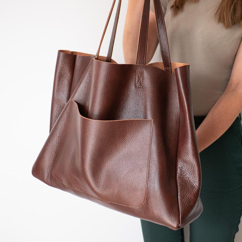 Borsa tote oversize in pelle marrone, borsa per la spesa, borsetta in pelle, borsa a tracolla grande, borsa tote in pelle per tutti i giorni, borsa tote extra large, marrone cognac immagine 2