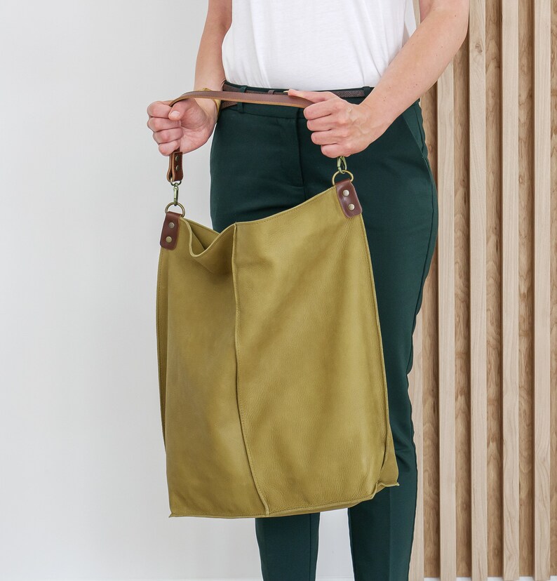 Unstructured Bags Green Leather Shoulder Bag, Large Olive Hobo Handbag, Oversized Leather ...