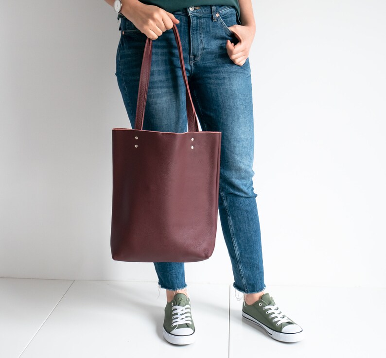Burgundy LEATHER TOTE Bag - Red Leather Purse - Natural Leather Book Bag - Womens Tote bag - Leather Handbag - Tote Bag - Simple Bag image 9