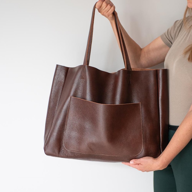 Borsa tote oversize in pelle marrone, borsa per la spesa, borsetta in pelle, borsa a tracolla grande, borsa tote in pelle per tutti i giorni, borsa tote extra large, marrone cognac immagine 10