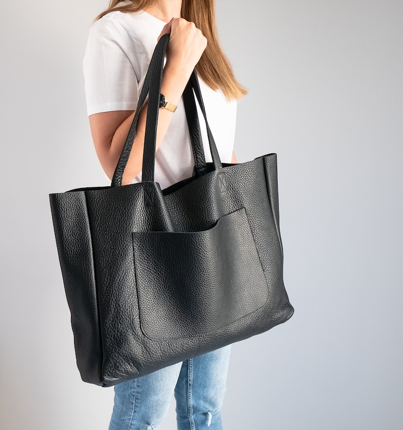 Große Schultertasche, Oversize Ledertasche, große Ledertasche, Alltagstasche, Leder Frauen Geldbörse, große Schultertasche, schwarze Handtasche Bild 3