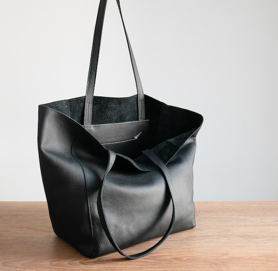 Extra LARGE Leather TOTE Bag With Pockets and ZIPPER / Black