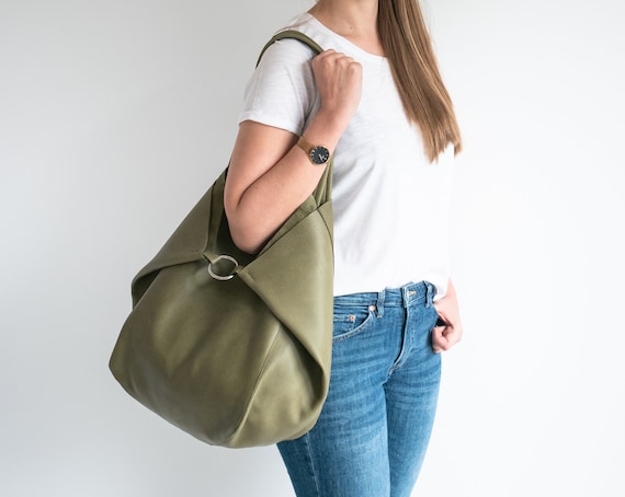 Large Green OVERSIZE Tote Bag Olive Leather SHOPPER Bag Oversized Tote, Big  Shoulder Bag Travel Bag Shopping Bag Everyday Purse 