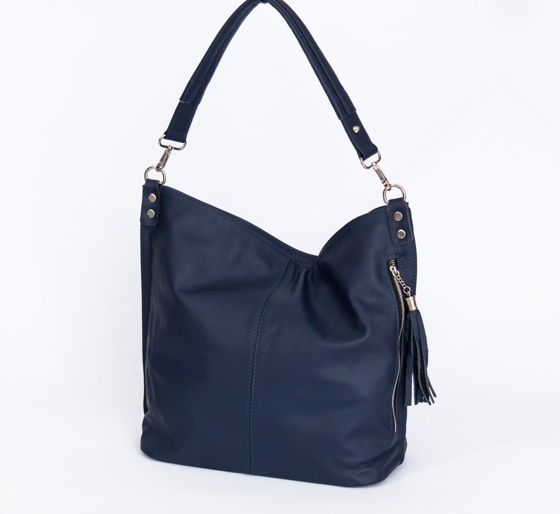 LEATHER HOBO BAG, Navy Blue Leather Handbag, Everyday Tote, Crossbody Bag, Leather Shoulder Bag, Leather Tassel Bag, Fringe Hobo Bag Tote zdjęcie 4