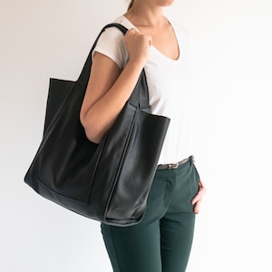 BLACK LEATHER Tote Bag, Weekender Bag, Oversize BLACK Bag, Big Handbag for Women, Daily Shopper Bag, Slouchy Tote, Leather Bag, Hobo Bag