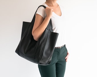 BLACK LEATHER Tote Bag, Weekender Bag, Oversize BLACK Bag, Big Handbag for Women, Daily Shopper Bag, Slouchy Tote, Leather Bag, Hobo Bag