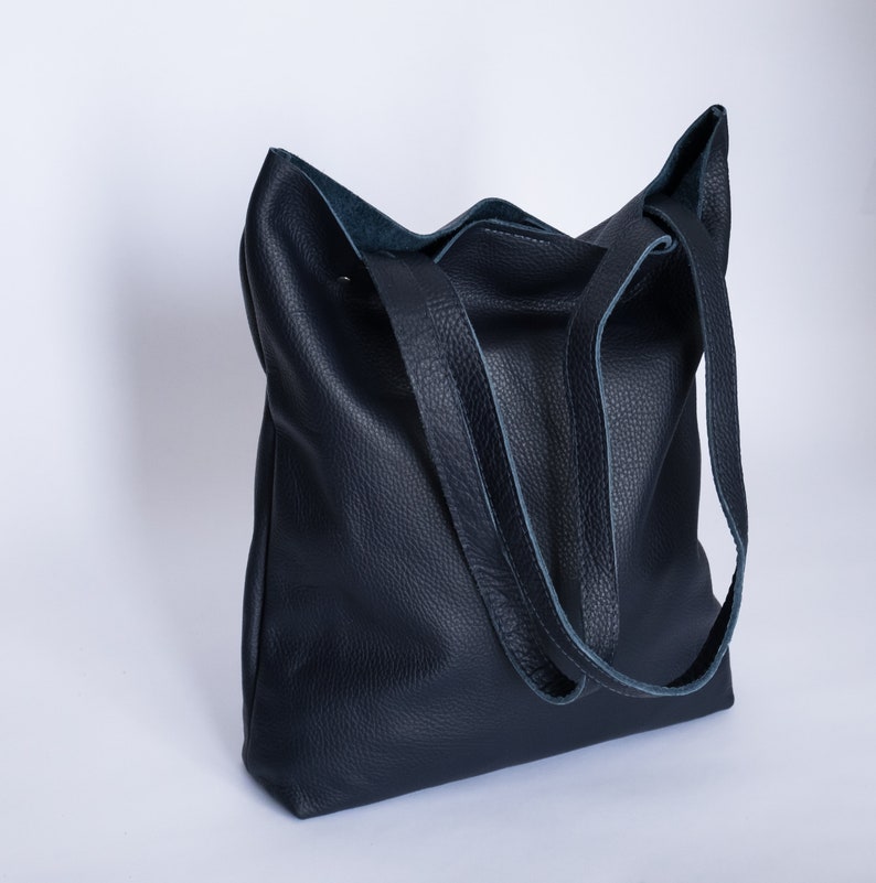 LEATHER TOTE Bag NAVY Leather Purse Natural Leather Book Bag Womens Tote bag Leather Handbag Tote Bag Simple Shoulder Bag image 7