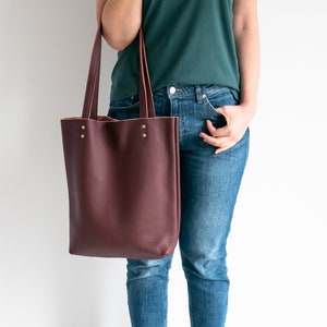 Burgundy LEATHER TOTE Bag - Red Leather Purse - Natural Leather Book Bag - Womens Tote bag - Leather Handbag - Tote Bag - Simple Bag image 2