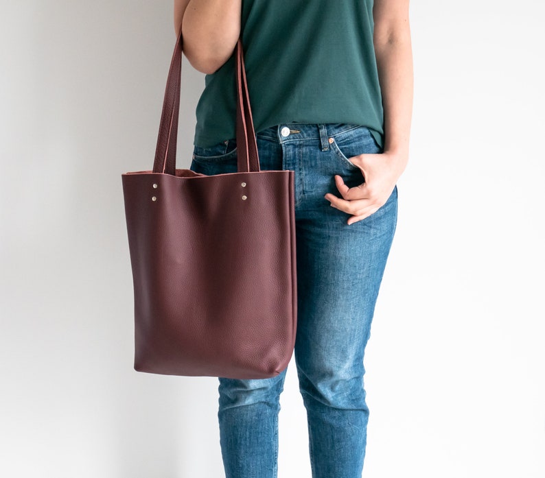 Burgundy LEATHER TOTE Bag - Red Leather Purse - Natural Leather Book Bag - Womens Tote bag - Leather Handbag - Tote Bag - Simple Bag image 2