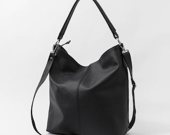 zwarte lederen Hobo tas, zwart lederen handtas, elke dag tote tas, crossbody tas, laptop lederen schoudertas, lederen tas, cadeau voor haar