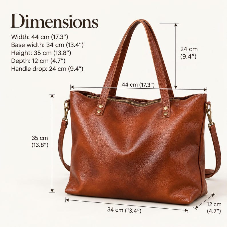 BROWN LEATHER Shopper Bag, SHOULDER Bag for Woman - Cognac Leather Tote - Large Bag - Handbag with Brass Color Hardware - Crossbody Purse image 4