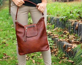 Cognac BROWN Leather Purse, SHOULDER BAG, Large Crossbody Bag, Everyday Brown Leather Handbag, Leather Hobo Bag