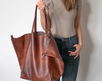 Brown OVERSIZE SHOPPER Bag - Cognac Brown Leather Tote Bag - Big Shoulder Bag - Travel Bag - Shopping Bag - Everyday Purse - Large Tote