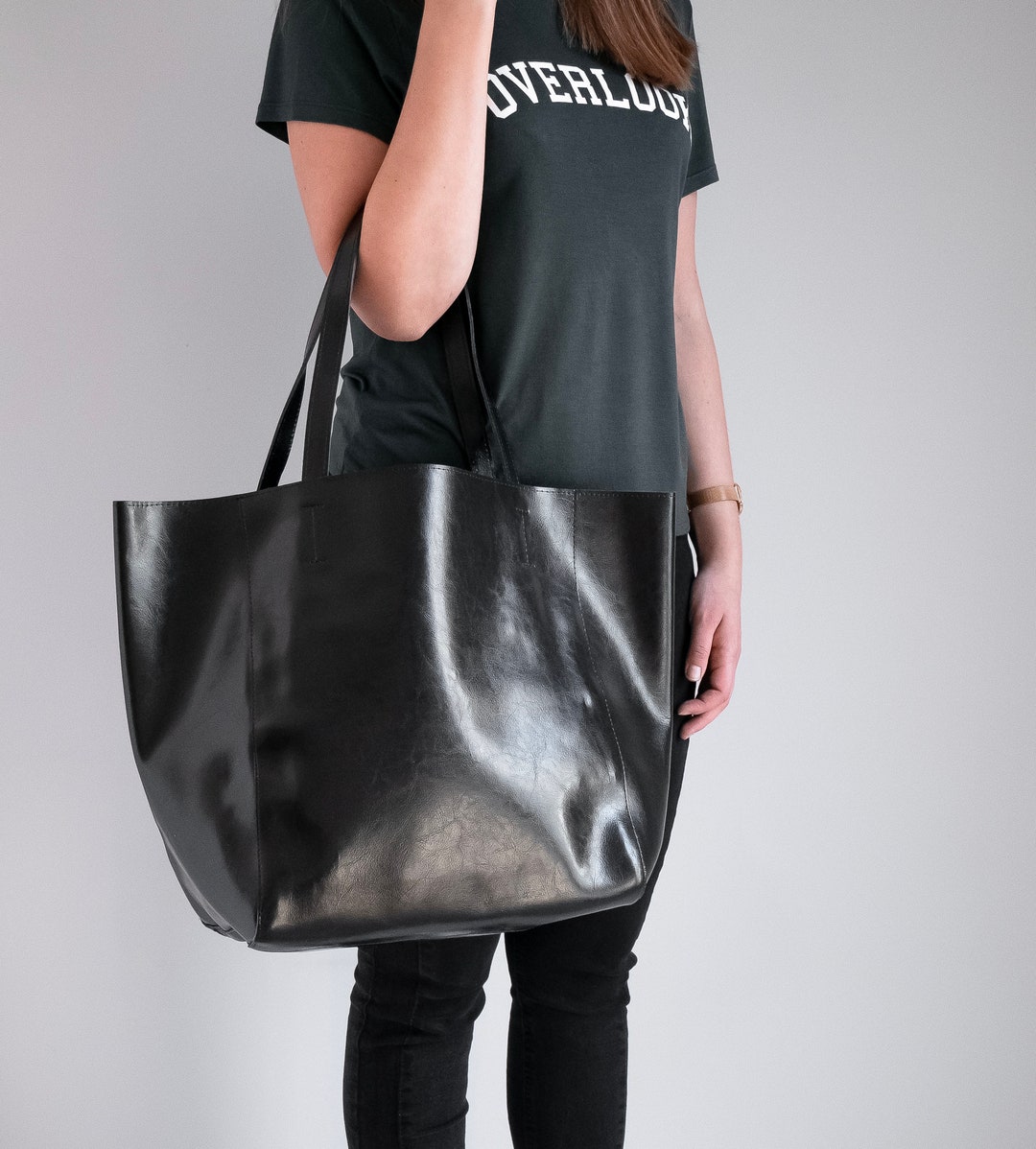 OVERSIZED Tote Bag BLACK Leather Shopper Leather Handbag - Etsy