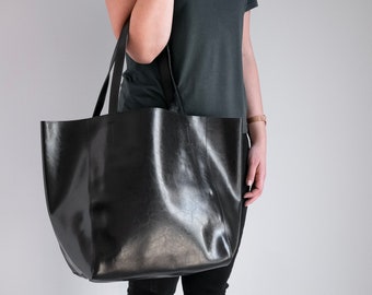 OVERSIZED Tote Bag, BLACK Leather Shopper, Leather Handbag, Large Shopper, Shopper Bag, Xxl Handbag, Large Black Shopper, Everyday Tote