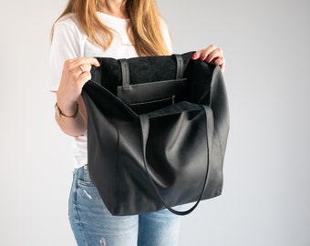 Sac fourre-tout surdimensionné, Black Leather Shopper, SOFT Leather Handbag, Large Shopper, Shopper Bag, Handbag, Large Black Shopper, Everyday Tote