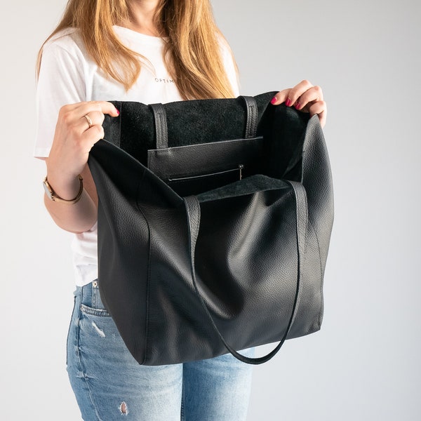 OVERSIZED Tote Bag, ZWART Lederen Shopper, ZACHTE Lederen Handtas, Grote Shopper, Shopper Tas, Handtas, Grote Zwarte Shopper, Everyday Tote