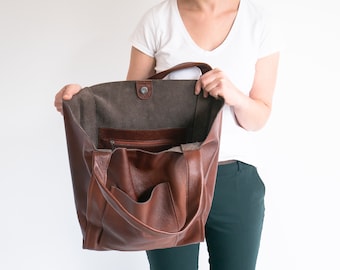 Braune Ledertasche, Weekender, Oversize COGNAC braune Tasche, Slouchy Tote, große Handtasche für Frauen, tägliche Einkaufstasche, Ledertasche