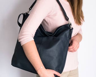 Navy LEATHER HANDBAG | HOBO Bag | Crossbody Shoulder Bag | Navy Blue Leather Tote | Laptop Bag | Zipper Closure | Everyday Tote Bag