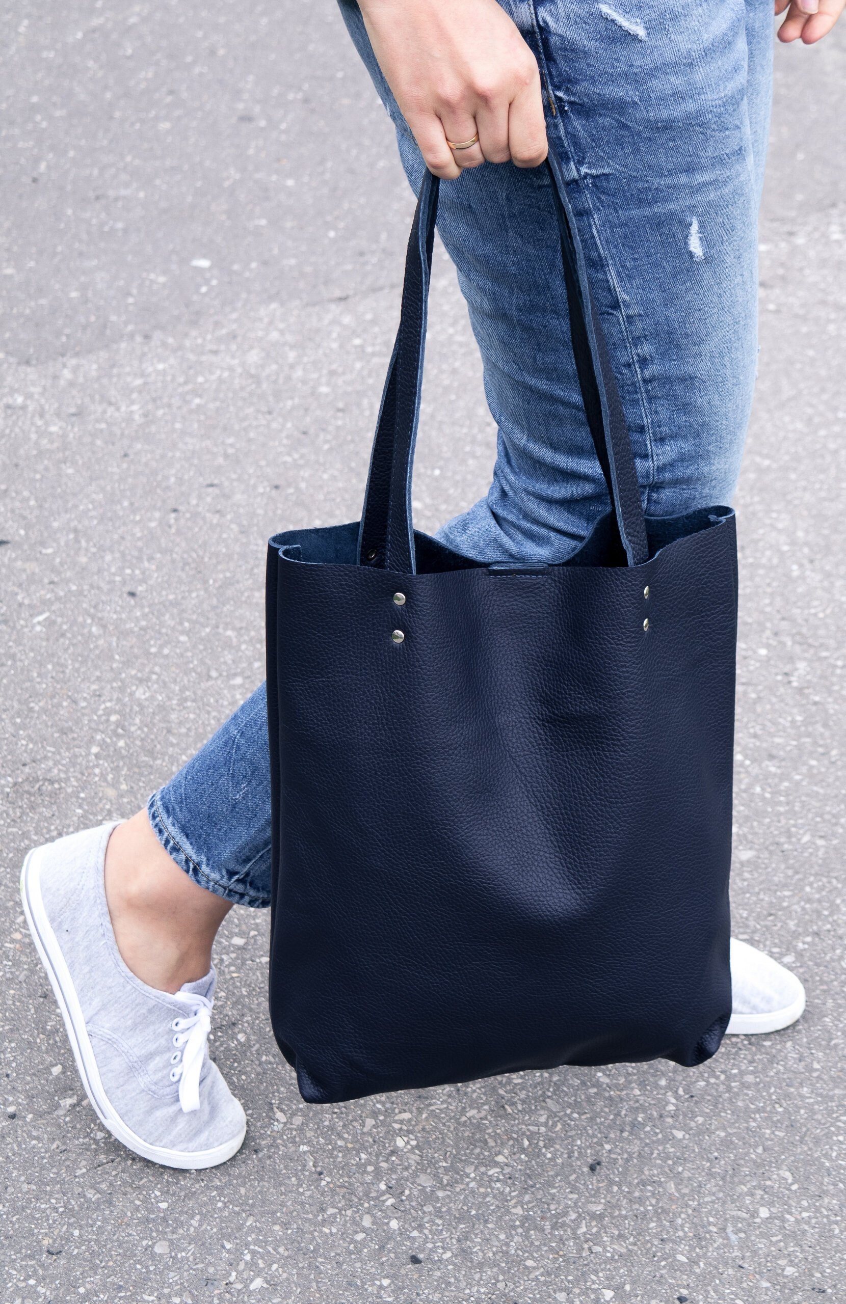 LEATHER TOTE BAG Navy Blue Leather Handbag Navy Blue 