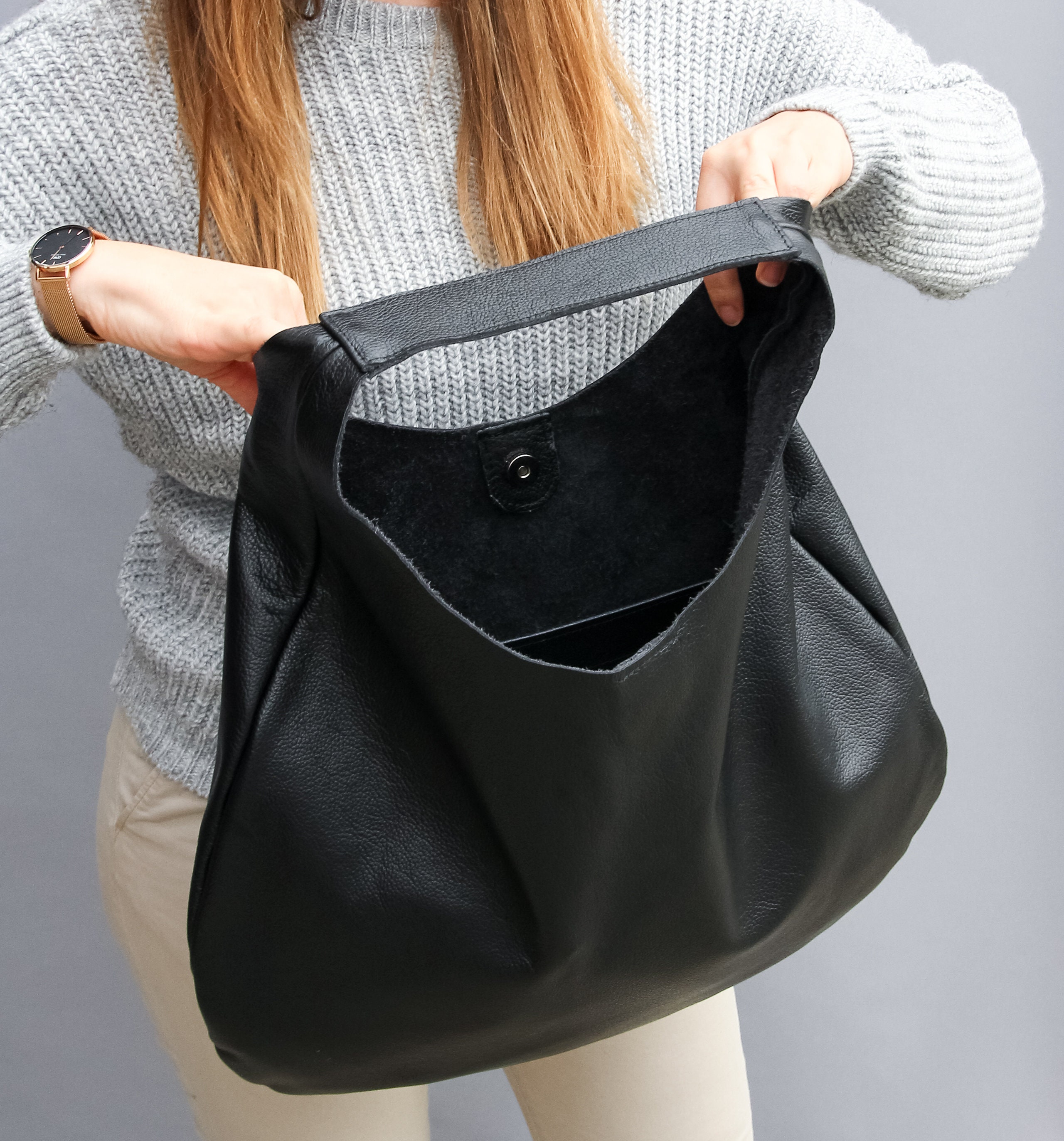 BLACK LEATHER HOBO Bag - Oversize Shoulder Bag - Everyday