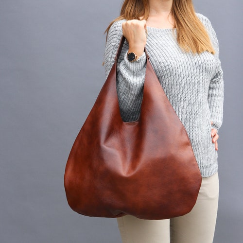 Cognac LEATHER HOBO Bag BROWN Oversize Shoulder Bag - Etsy