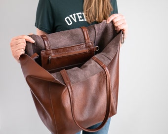 Large OVERSIZE Shopper Bag - BROWN Distressed Leather Tote Bag - Oversized Tote - Big Shoulder Bag - Travel Bag - Shopping Bag