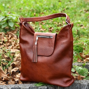 Cognac BROWN SHOULDER BAG, Large Crossbody Bag, Everyday Brown Leather Handbag, Leather Hobo Bag, Leather Purse