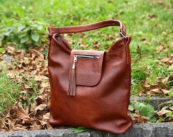 Cognac BROWN SHOULDER BAG, Large Crossbody Bag, Everyday Brown Leather Handbag, Leather Hobo Bag, Leather Purse