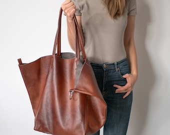 Large BROWN OVERSIZE Tote Bag - Cognac Leather SHOPPER Bag, Oversized Tote, Big Shoulder Bag, Travel Bag - Shopping Bag - Everyday Purse