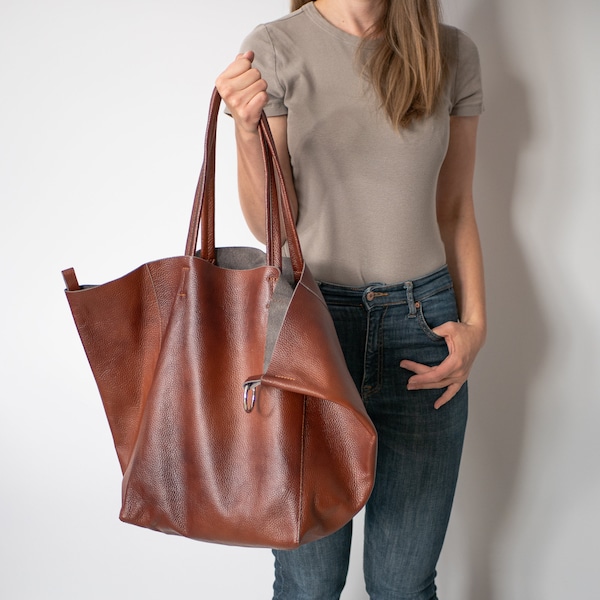 Große BRAUN OVERSIZE Einkaufstasche - Cognac Leder SHOPPER Bag, Oversized Tote, Große Schultertasche, Reisetasche - Shopping Bag - Jeden Tag Geldbörse
