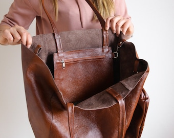 Cognac BROWN OVERSIZE SHOPPER Bag - Large Leather Tote Bag - Big Shoulder Bag, Travel Bag, Shopping Bag - Oversized Tote - Everyday Purse