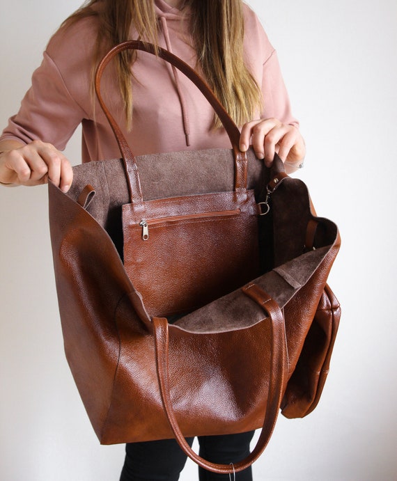 Cognac BROWN OVERSIZE SHOPPER Bag Large Leather Tote Bag Big Shoulder Bag,  Travel Bag, Shopping Bag Oversized Tote Everyday Purse 