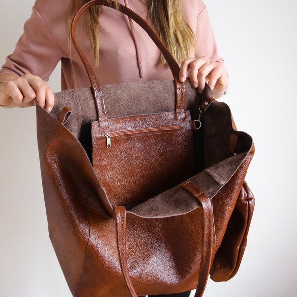 Cognac BROWN OVERSIZE SHOPPER Bag - Bolso de mano de cuero grande - Bolso de hombro grande, Bolsa de viaje, Bolsa de compras - Tote de gran tamaño - Bolso de todos los días