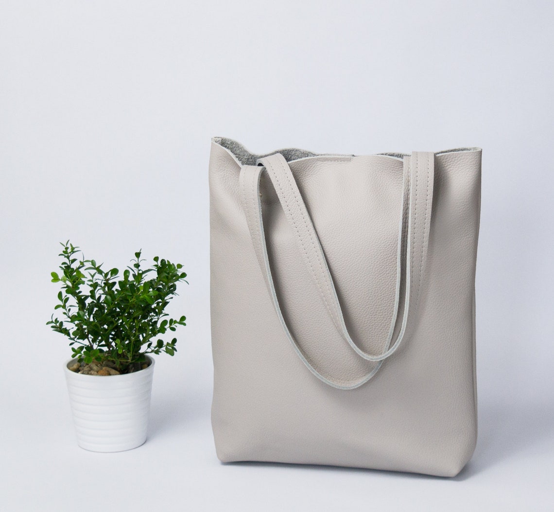 LEATHER TOTE Bag LIGHT Gray Leather Purse Natural Leather Etsy