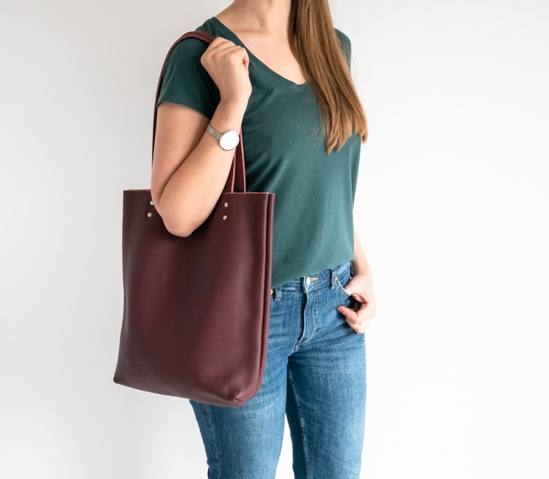 Burgundy LEATHER TOTE Bag - Red Leather Purse - Natural Leather Book Bag - Womens Tote bag - Leather Handbag - Tote Bag - Simple Bag image 3