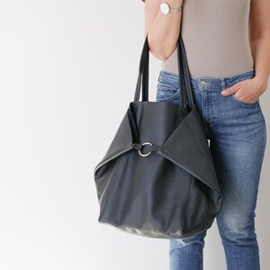 Large BLACK OVERSIZE SHOPPER Bag - Big Black Leather Tote - Oversized Tote Bag, Travel Bag, Shopping Bag, Everyday Purse, Big Shoulder Bag