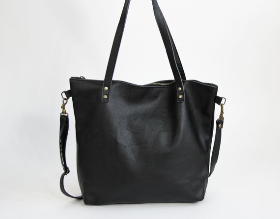 Black Leather Zipper Large Tote Bag With Wide Shoulder Strap